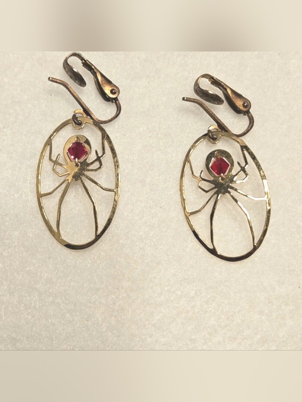 Vintage Spider Clip-On Earrings with Red Gemstone